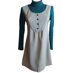 Small Vintage Dress 1970;'s Polka Dot Green Ribbed Turtleneck GOGO Mod Knit